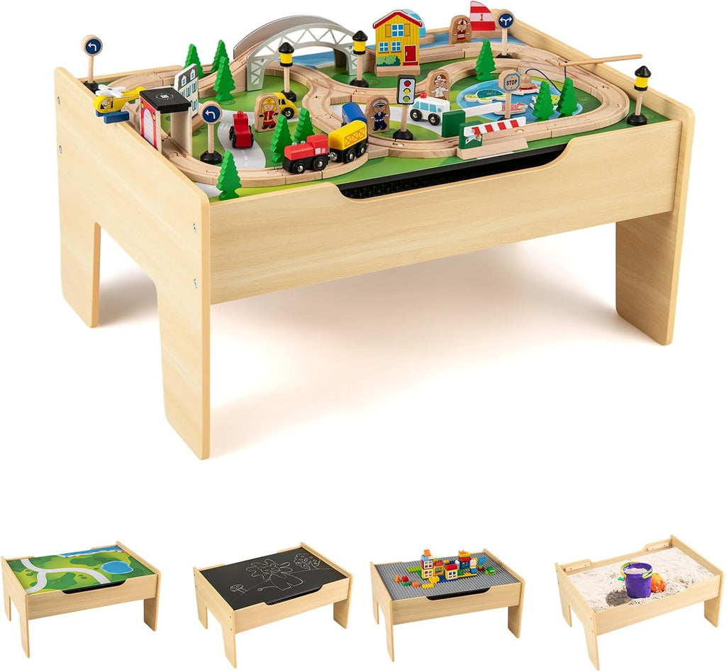 INFANS Train Table with Storage, 78 Pieces Wooden Kids Activity Toy Table Playset with Reversible Detachable Tabletop, Tracks, Train, Railway, City, Gift for Toddler Boys Girls Ages 3+