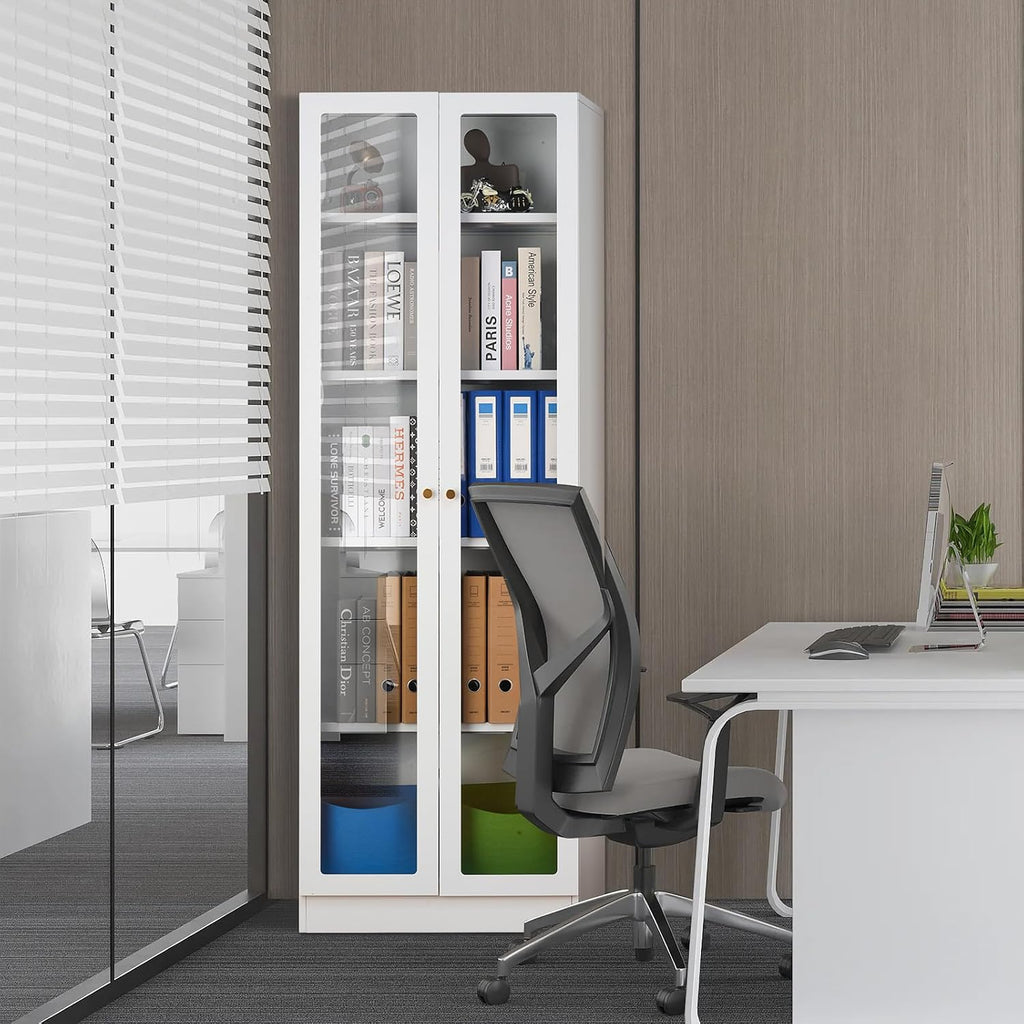 IRONMIX Modern Display Cabinet with Doors, Curio Cabinet with 4 Adjustable Shelves, 5-Tier Display Case, 71' Tall Display Shlef for Living Room, Tall Bookcase for Home Office (23.5 W, White)