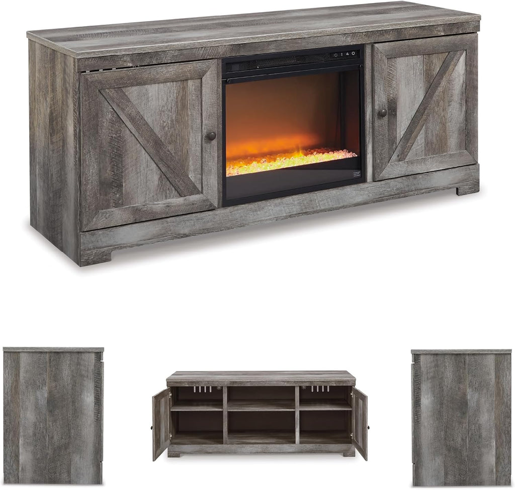 Signature Design by Ashley Wynnlow Farmhouse 63' TV Stand for TVs up to 72' with Electric Fireplace, Light Gray