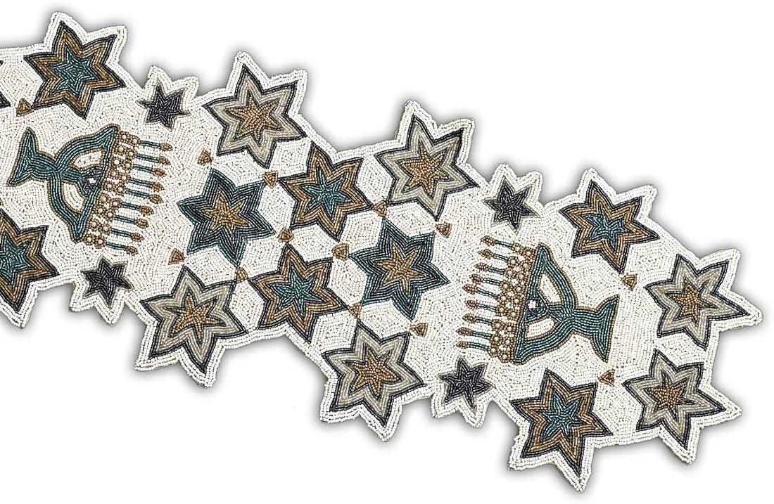 Handmade Beaded Hanukkah Table Runner, Hanukkah Candles Table Runner 13X36 Inch