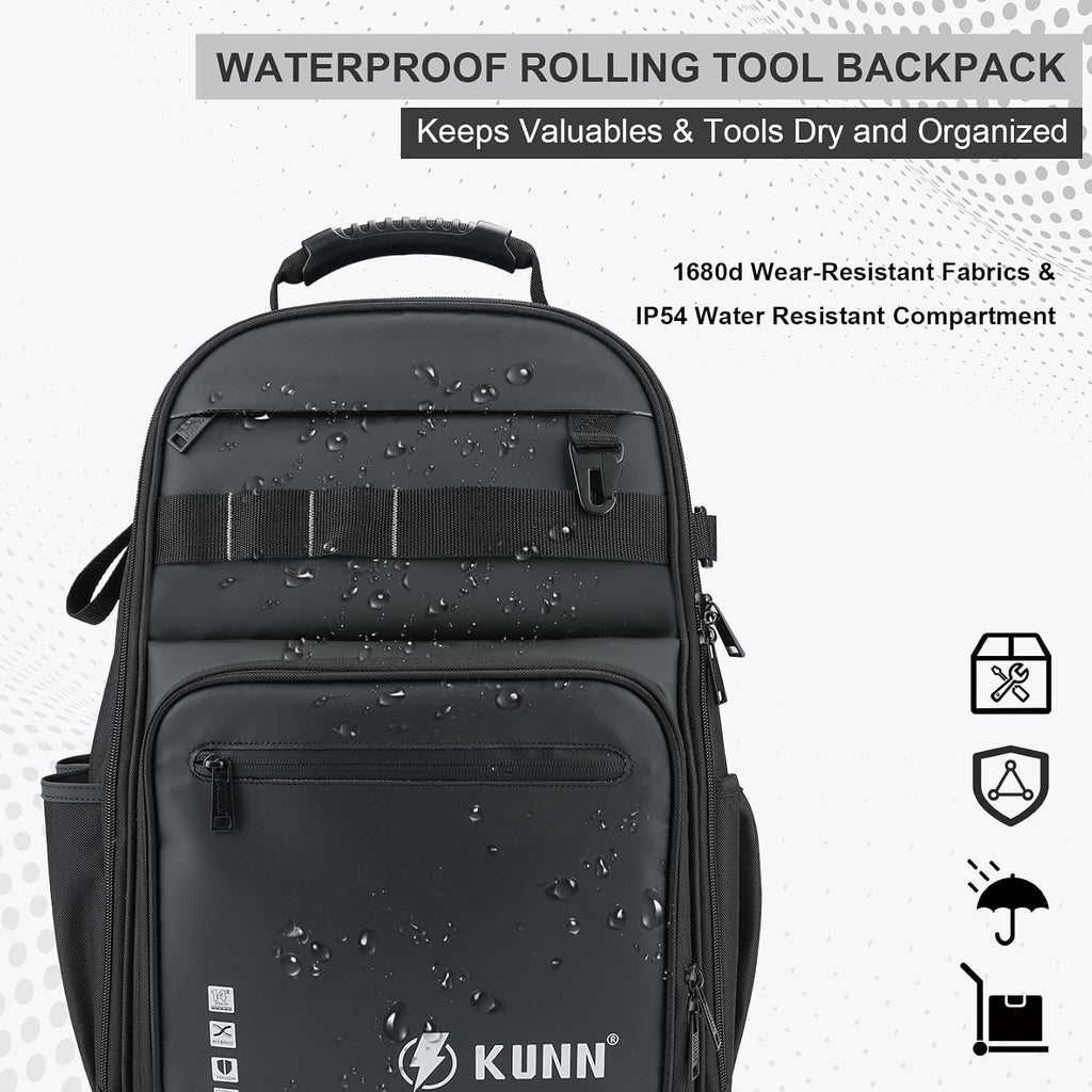 KUNN Rolling Tool Backpack with Wheels, Heavy Duty Waterproof Wheeled Tool Bag, 47 Pockets & Loops Work Backpack for Electrician Construction HVAC, Black