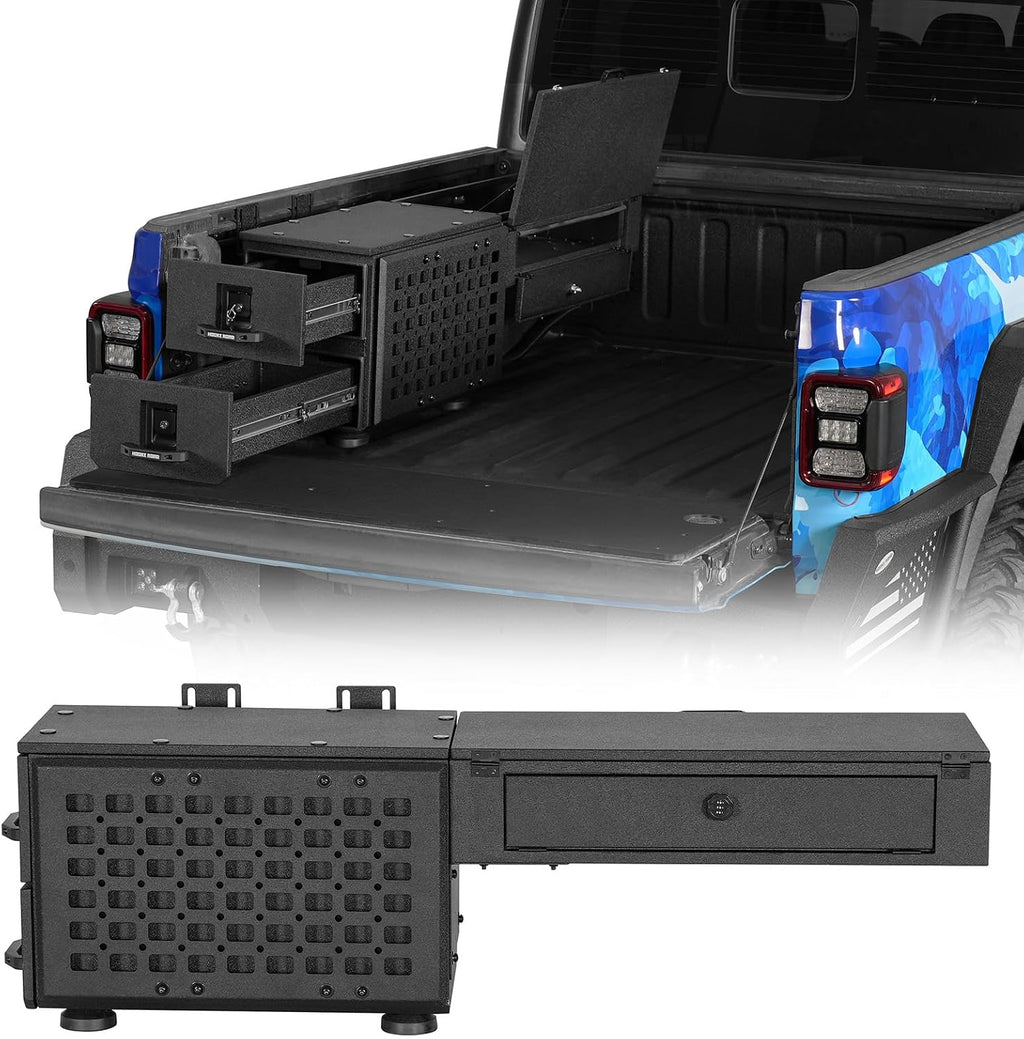 Hooke Road Truck Bed Wheel Well Tool Box with MOLLE Panel for Jeep Gladiator JT, Toyota Tacoma, Chevy Colorado & GMC Canyon 5'2' Bed, Solid Steel Storage Box with Drawer and Lock Keys