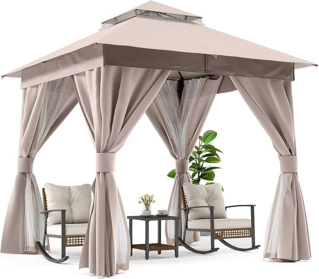 LAUSAINT HOME Patio Gazebo 8'x8', Outdoor Heavy Duty Party Tent Shelter with Double Roofs, Mosquito Nettings and Privacy Screens for Backyard, Garden, Lawn, Khaki