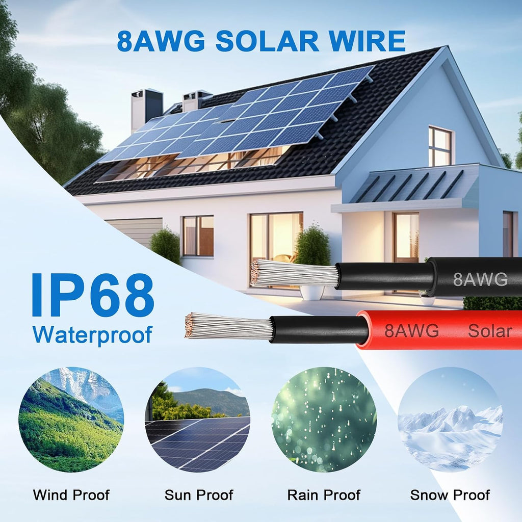 8AWG Solar Panel Wire 10mm², 2 Pack 100FT Red & Black Solar Extension Cable, PV Wire with Tinned Copper, Sunlight & UV Resistant, for Solar Panel, RV, Inverter, Battery, Off-Grid Systems