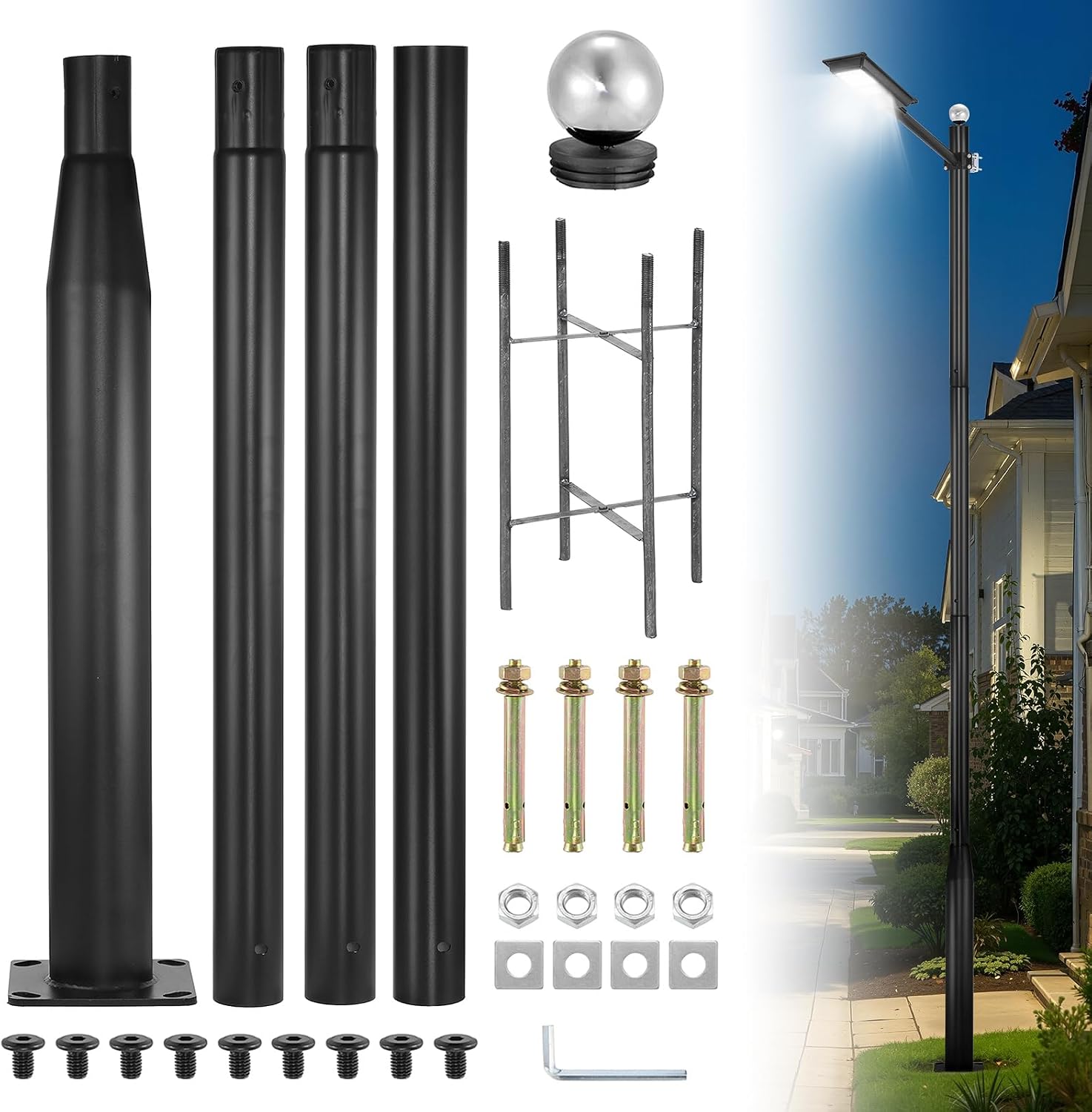 BEAMNOVA 13FT Street Light Pole, Black Street Lamp Post, for Outdoor Lights, Solar Street Light, String Lights, Accessory for Backyard, Patio, Park, Galvanized Steel Metal Pole