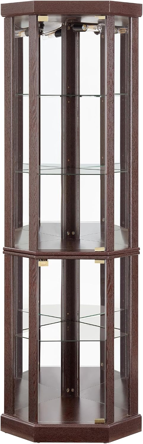 Ball & Cast 70' H Lighted Corner Curio Cabinet, Glass Display Cabinet with 5 Tempered Adjustable Glass Shelves and Doors,Include Light Bulb, Rack for Living Room,Dark Cherry