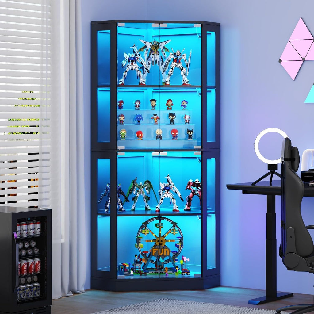Gyfimoie Corner Display Cabinet with Multi-Color LED Lights, Modern Curio Cabinet with Glass Doors, 4 Tier Glass Display Case for Toys, Books & Other Collectibles