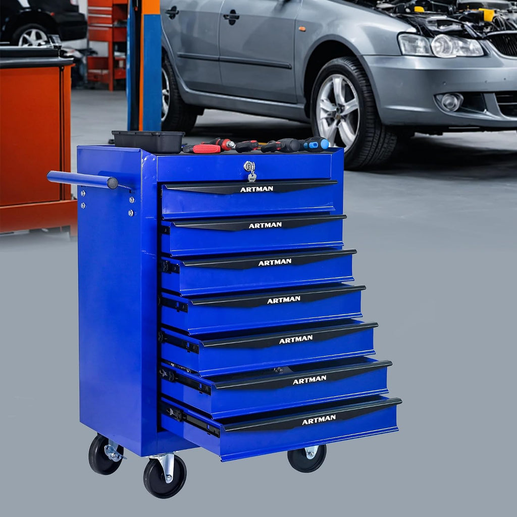 Rolling Metal Tool Chest with 7 Drawers – 20' Steel Tool Storage Box Organizer with Ball Bearing Slides & Lockable Mobile Cabinet on Wheels(Blue)