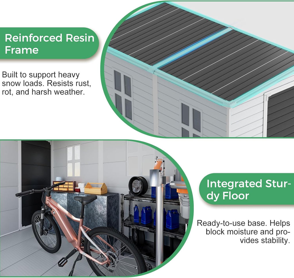4x8 FT Outdoor Storage Shed with Floor, Upgraded Frame 16mm Thickened Resin Walls, Space-Saving Lean-to Tool House with 2 Windows & Lockable Single Door for Side Yard