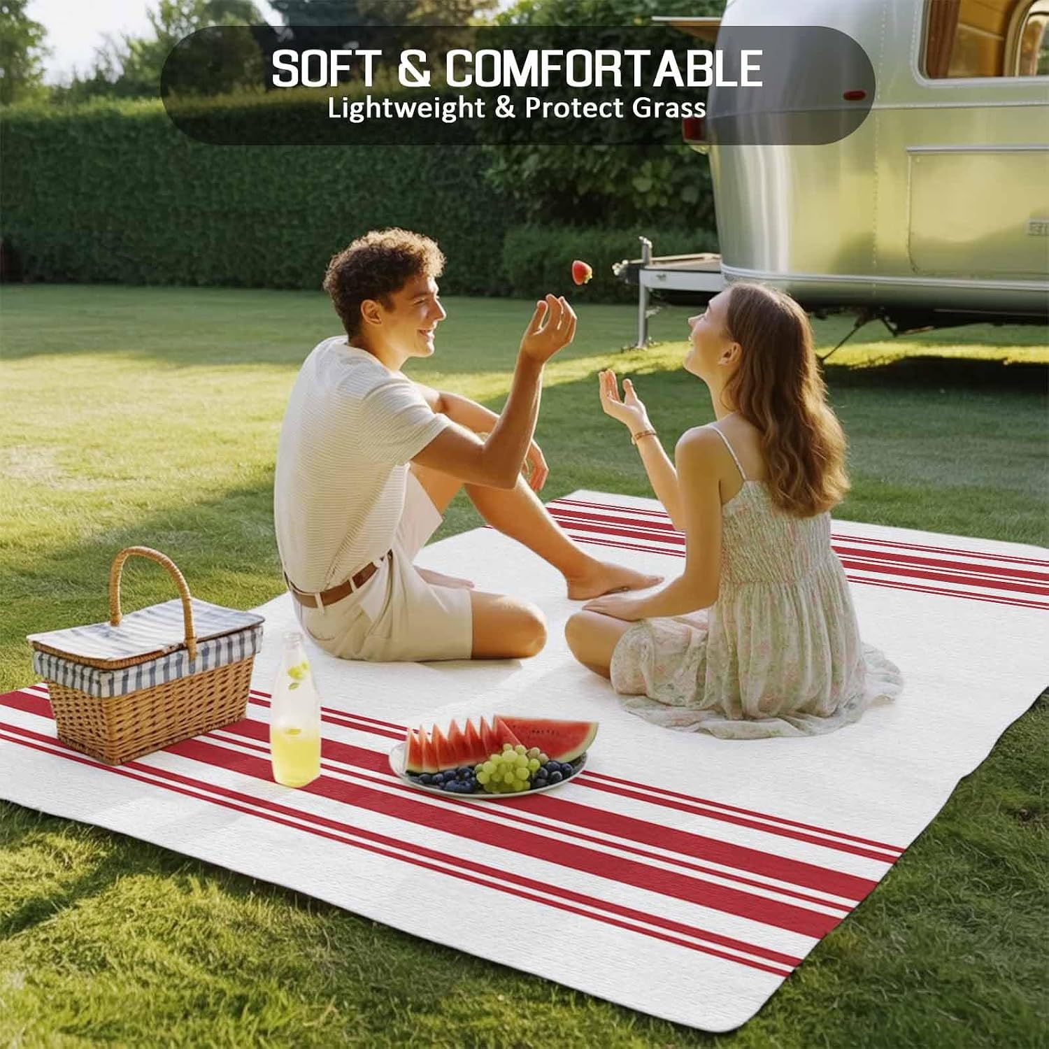 Outdoor Rug 4x6ft Farmhouse Red Stripes Patio Area Rugs Waterproof Easy Cleaning Non Shedding Thick Mats White Carpet for Indoor Outdoor Porch Deck Backyard Balcony