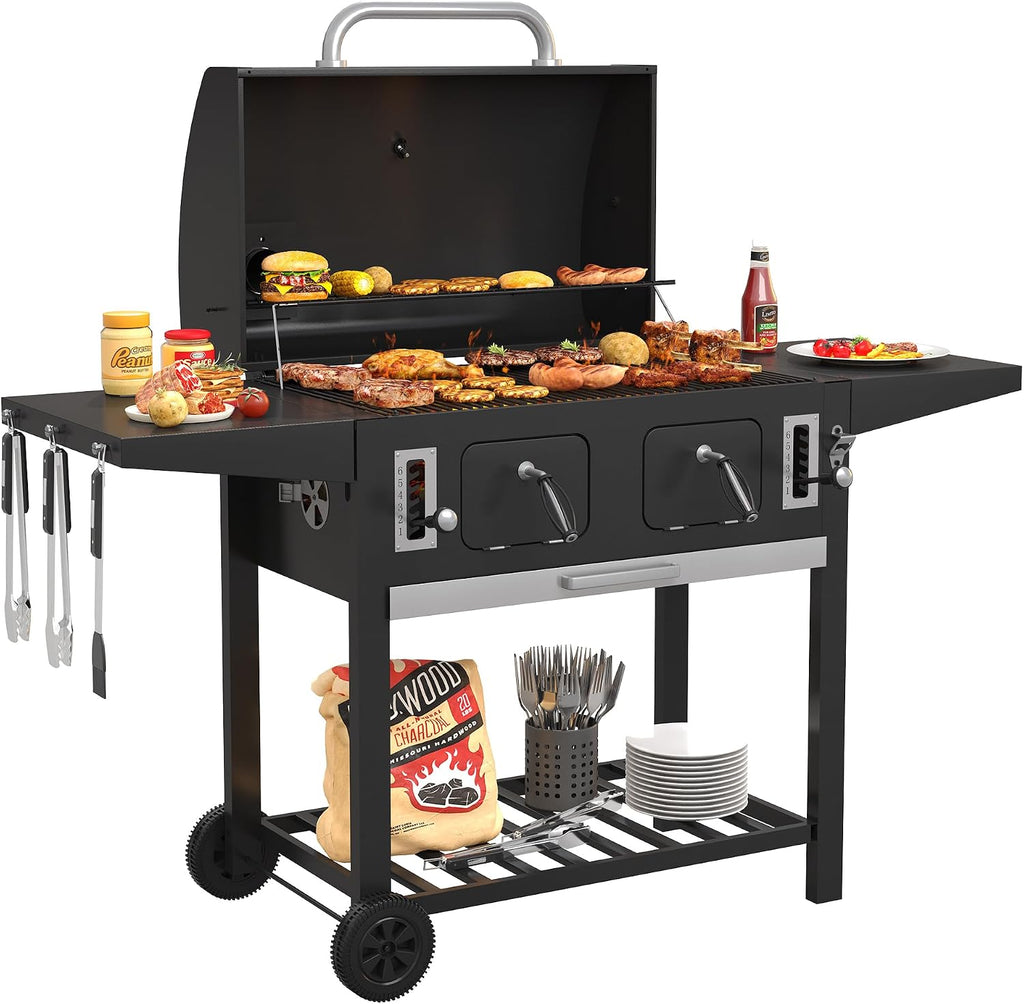 VICLLAX Extra-Large Premium Charcoal Grill - Smoker Grill with 600 sq in Cooking Space, Dual Adjustable Trays & Foldable Side Tables, Enamel-Coated Grills for Professional BBQ Experience
