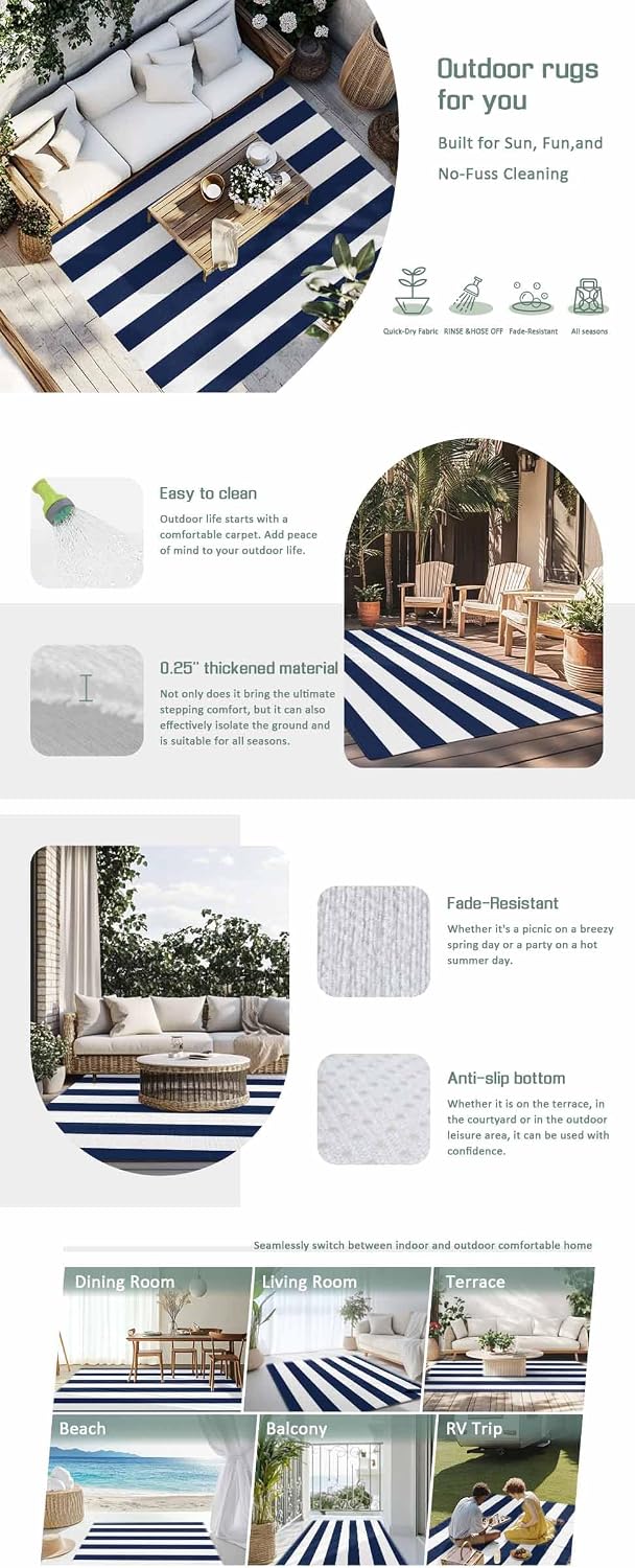 Outdoor Rug 4x6ft Nautical Striped Navy Blue and White Patio Area Rugs Waterproof Easy Cleaning Non Shedding Thick Mats Stripes Carpet for Indoor Outdoor Porch Deck Backyard Balcony