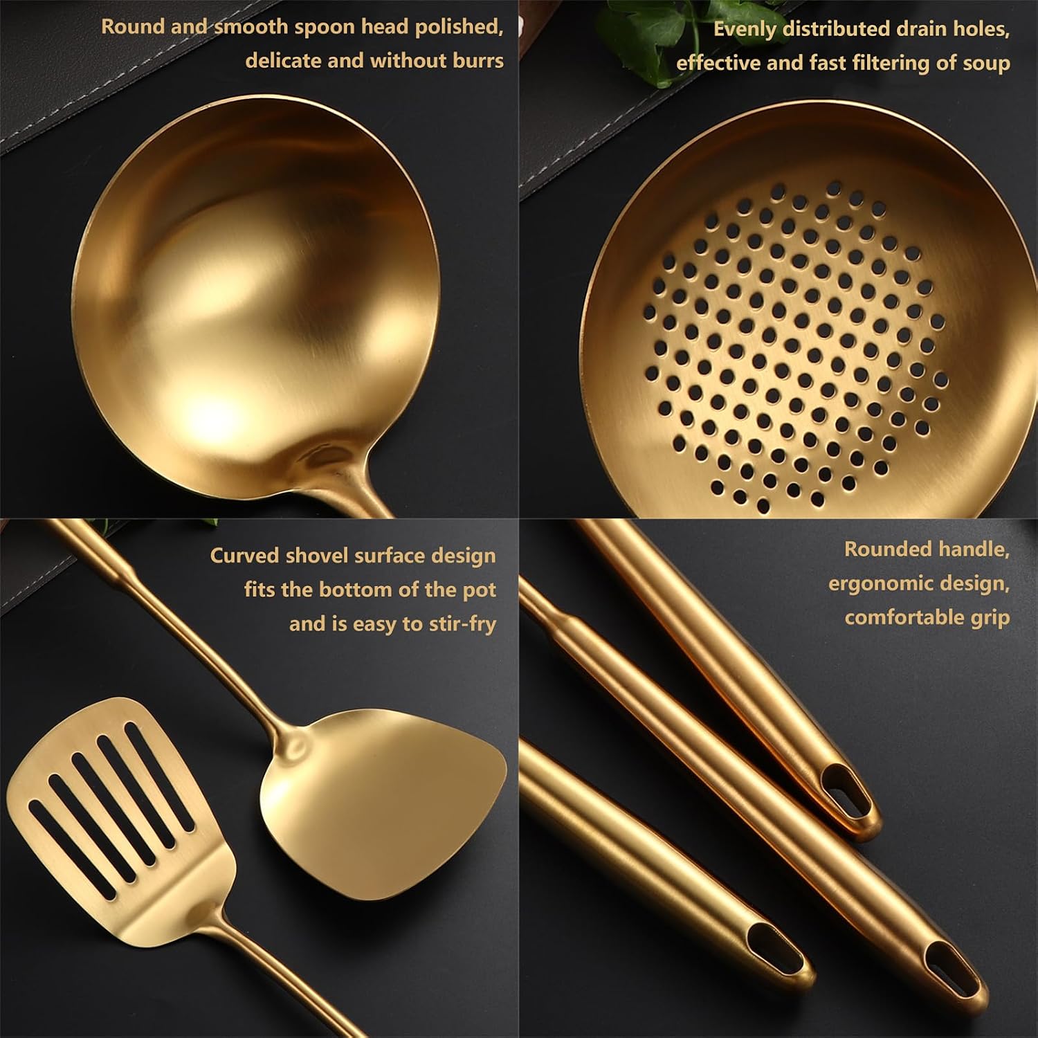 Gold Kitchen Utensils Set Dishwasher Safe with Utensil Storage Bucket 11 Piece Kitchenware Cookware Set Stainless Steel Cooking Utensils Set Stainless Steel with Heat Resistant Handle