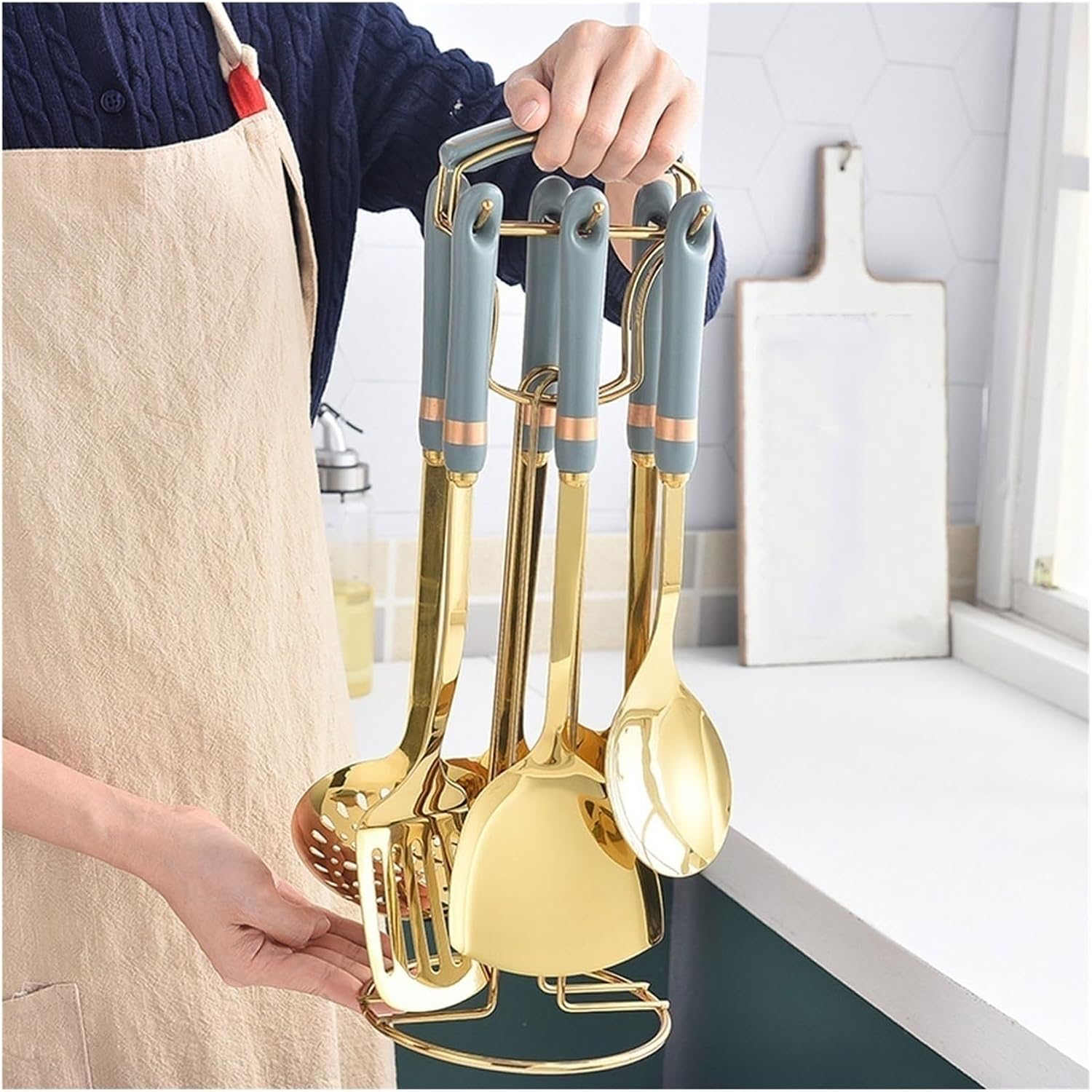Ceramic Cooking Spoons Spatulas Stainless Steel Cooking Utensils Gadgets Bakeware Tools Kitchen Cookware 7 Pieces(Pink)