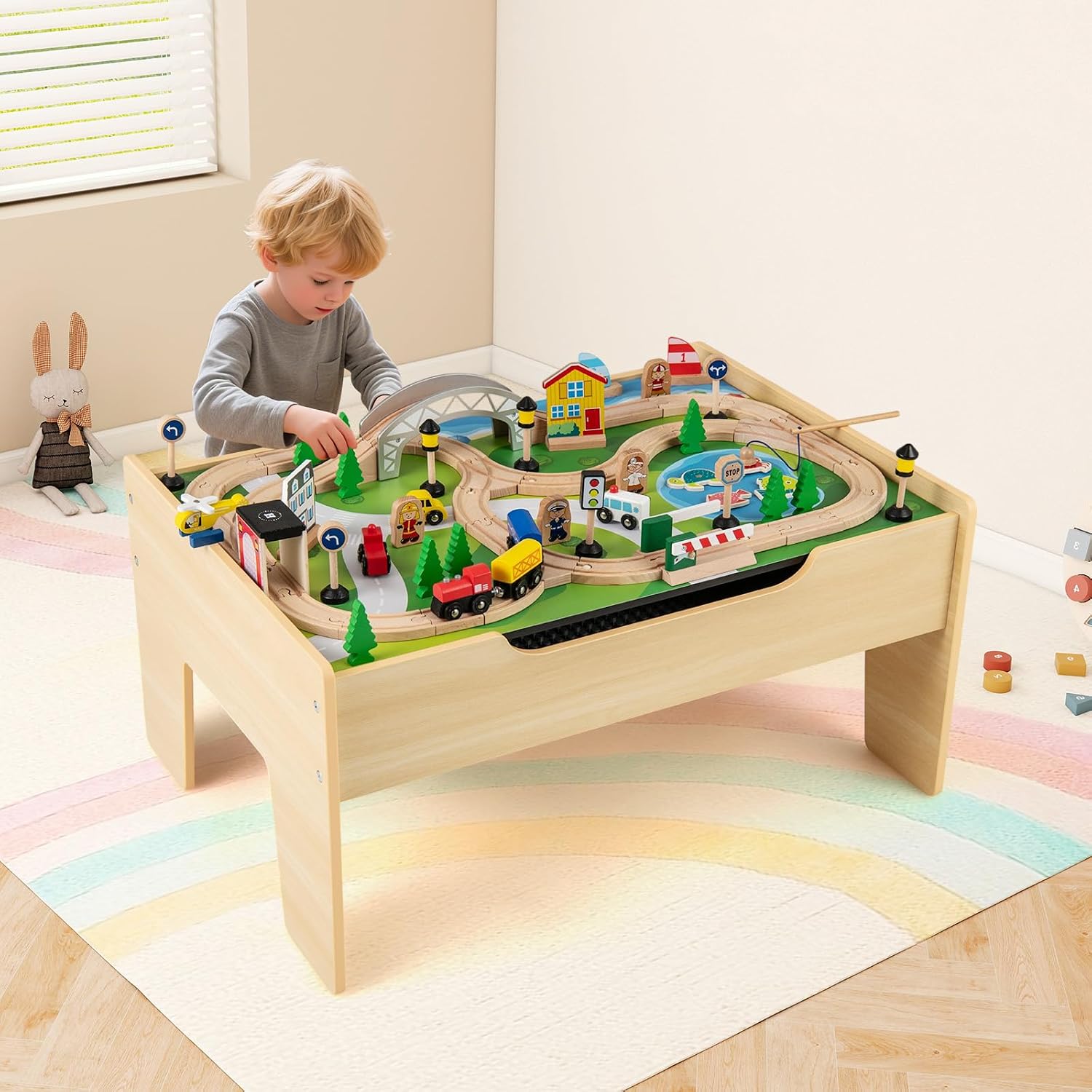 INFANS Train Table with Storage, 78 Pieces Wooden Kids Activity Toy Table Playset with Reversible Detachable Tabletop, Tracks, Train, Railway, City, Gift for Toddler Boys Girls Ages 3+