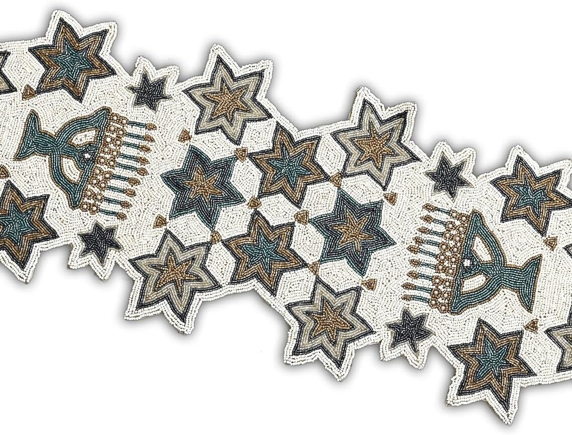 Handmade Beaded Hanukkah Table Runner, Hanukkah Candles Table Runner 13X36 Inch