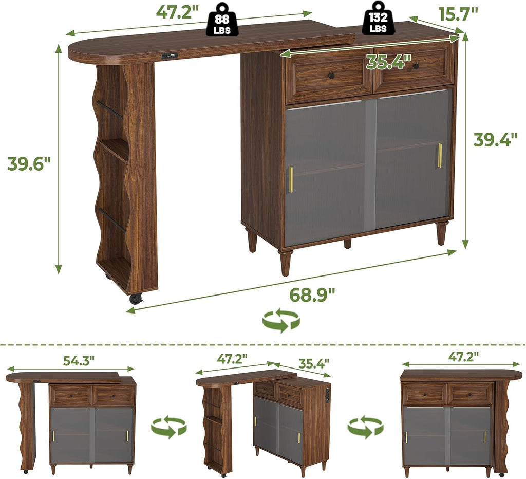 69' Kitchen Island with 360° Rotating Table, Bluetooth Speakers, LED Lighting, Adjustable Shelves, Storage Cabinet & Power Outlet – Walnut Finish Extendable Dining Table for Kitchen, Dining Room, Bar