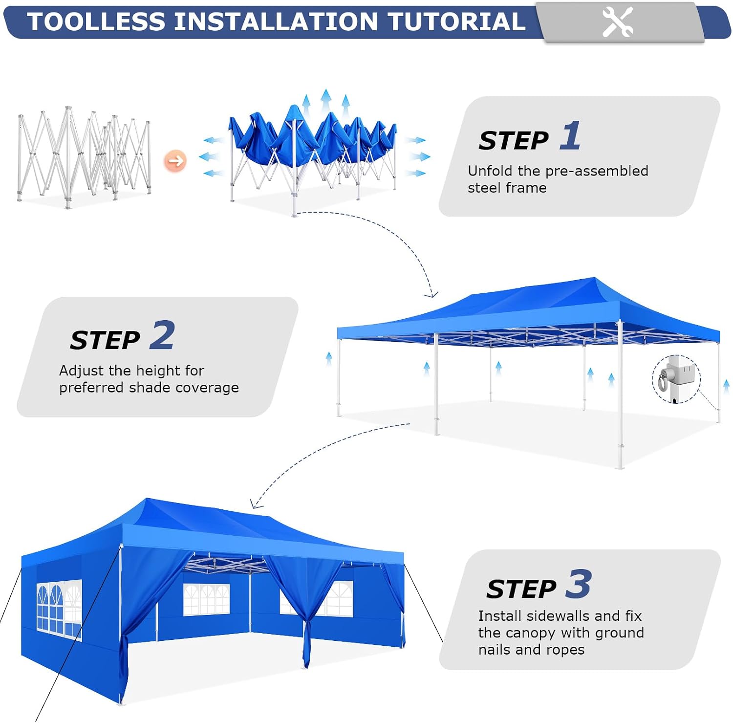 COBIZI 13x26 Pop up Canopy Heavy Duty with 6 Sidewalls, Easy Set-up Commercial Outdoor Party, 100% Waterproof Wedding Canopy Gazebo, 2 Height Adjustable with Wheeled Bag, Blue