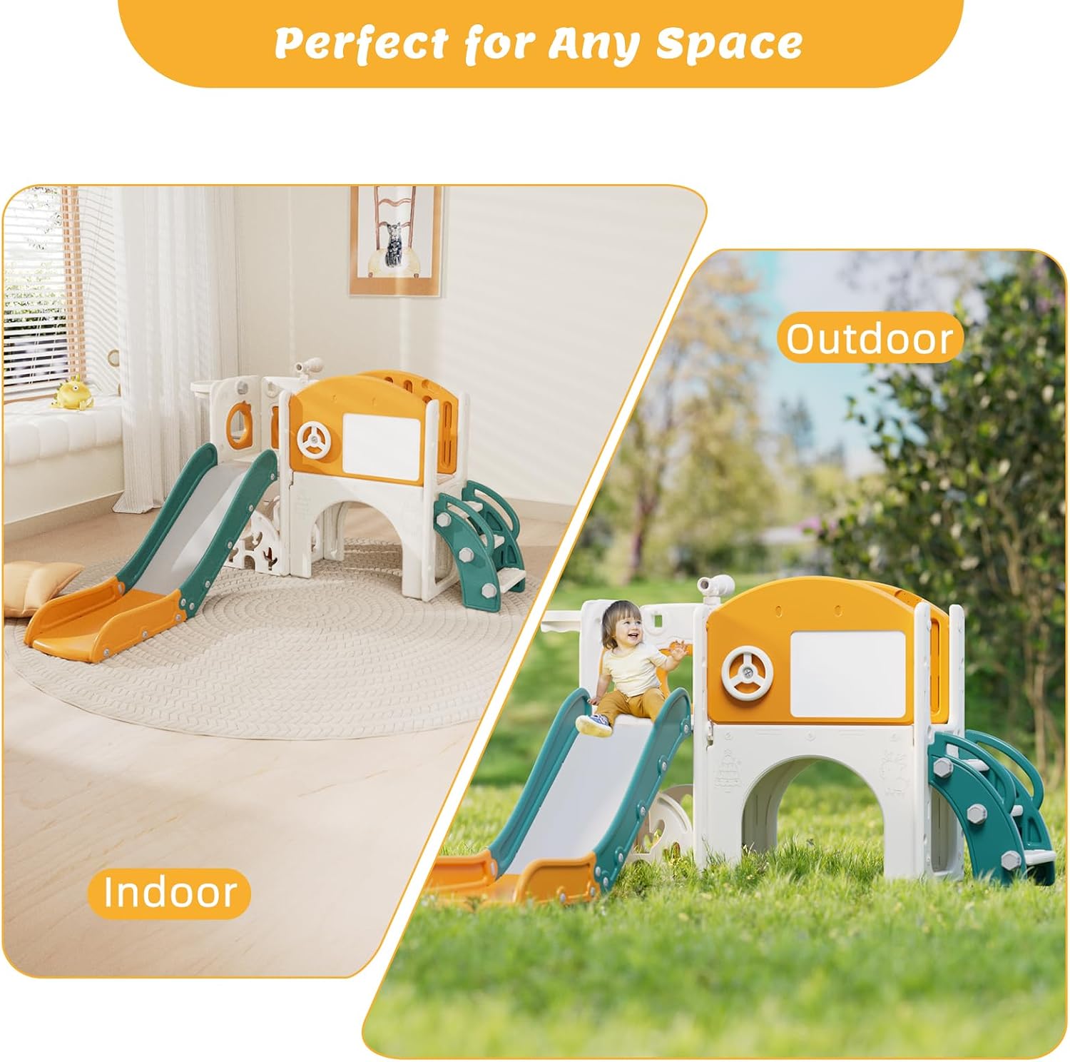 67i Indoor Toddler Slide with Drawing Board, Golf Set, Basketball Hoop - Kids Playground for 1-3 Year Olds, Non-Slip Steps & Storage Space (Green Yellow)
