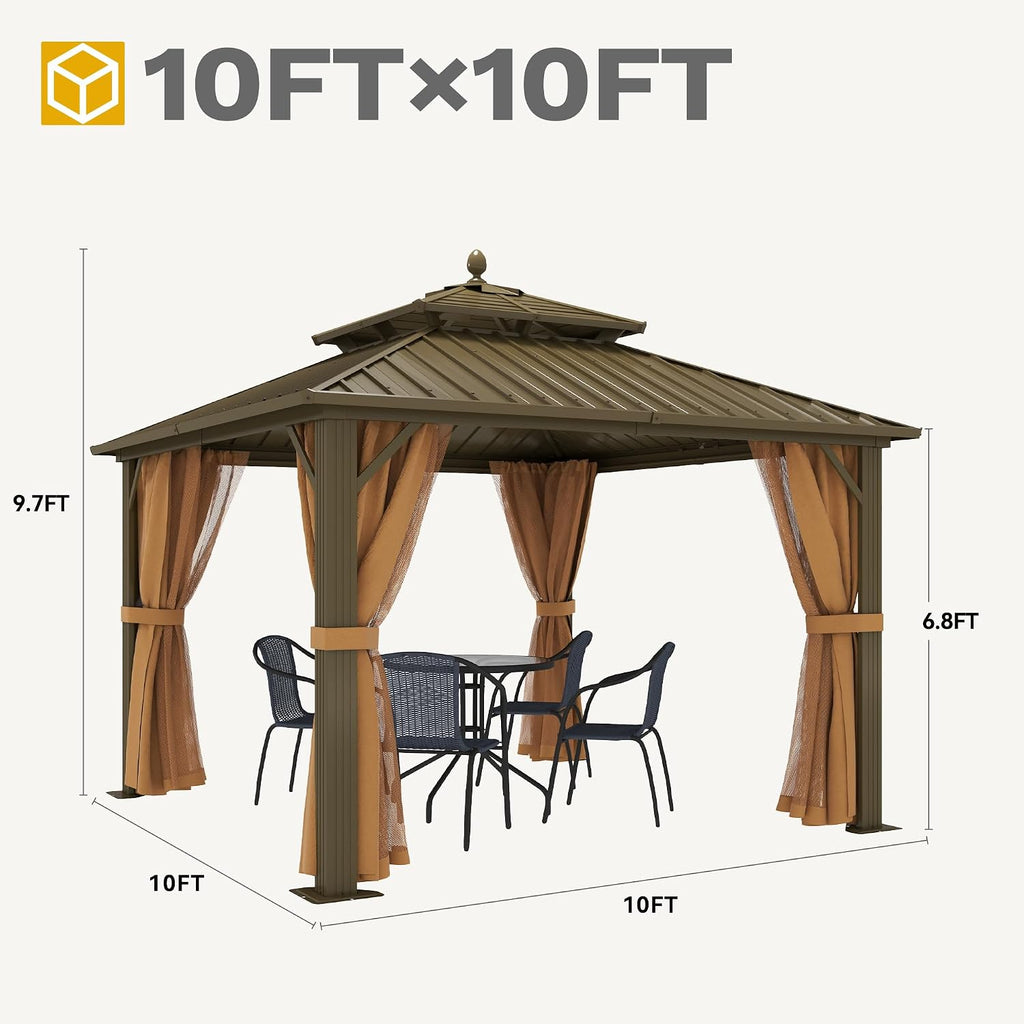 DWVO 10x10ft Hardtop Gazebo Heavy Duty Double Roof with Nettings and Curtains, Galvanized Steel Outdoor Combined of Horizontal Vertical Stripes Roof for Patio, Backyard, Deck, Lawn, Bronze
