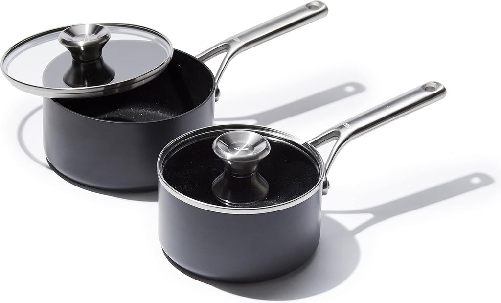 OXO Professional 1.7QT and 2.3QT Saucepan Pot Set with Lids Hard Anodized Ceramic Nonstick Cookware PFAS-Free Induction Suitable Stainless Steel Diamond Reinforced Coating Dishwasher/ Oven Safe Black