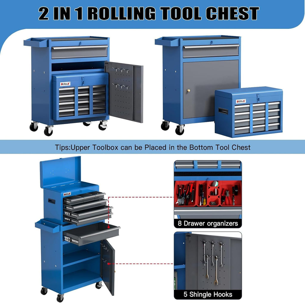 AIRAJ 7-Drawer Tool Chest with Wheels,41' Heavy Duty Rolling Tool Chest,Detachable Top Tool Box,Tool Cabinet with Liners,Hooks,Tray Divider,Rolling Tool Chest for Workshop,Warehouse