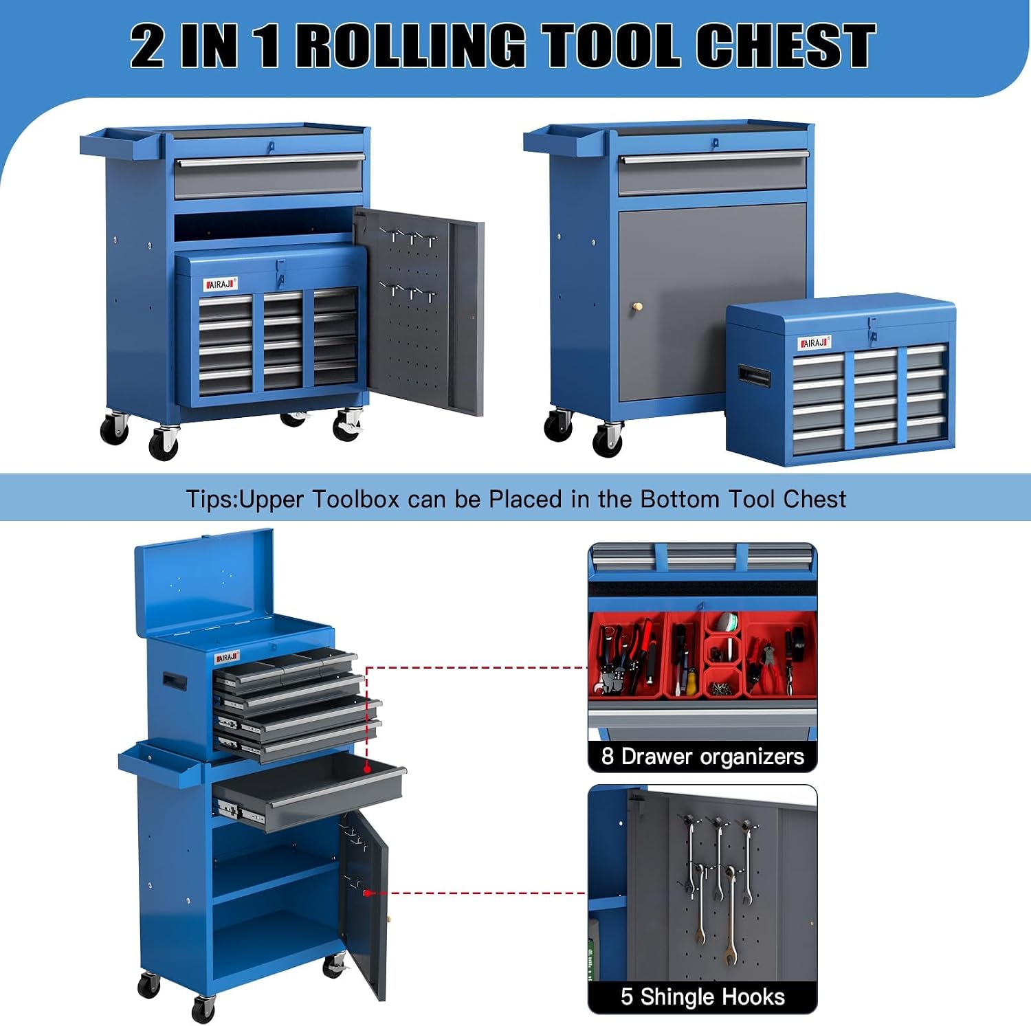 AIRAJ 7-Drawer Tool Chest with Wheels,41' Heavy Duty Rolling Tool Chest,Detachable Top Tool Box,Tool Cabinet with Liners,Hooks,Tray Divider,Rolling Tool Chest for Workshop,Warehouse