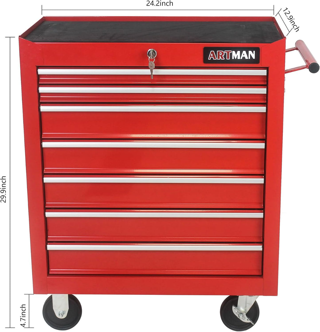 Rolling Tool Cabinet with 7 Drawers, Heavy Duty Steel Tool Cart on Wheels, Lockable Garage Tool Storage Cabinet, 300 lb Capacity, Ball-Bearing Slides, Powder-Coated Finish, Red
