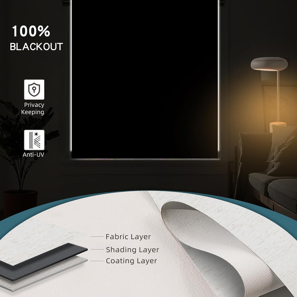 Motorized Roller Shade, 100% Blackout Smart Window Blinds Work with Homekit, Alexa, Google Home, Remote Control, Electric Blinds with USB/Solar Pannel Charging, Linen White