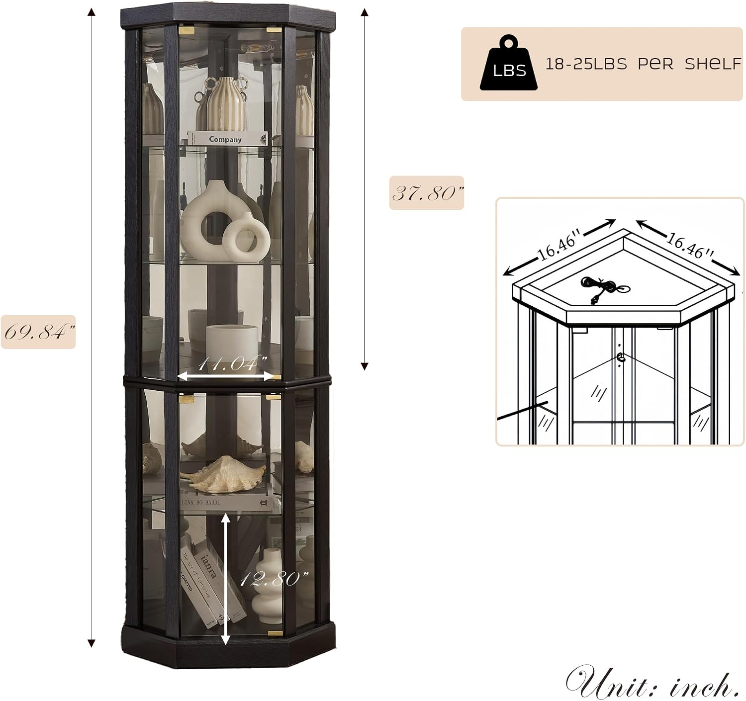Corner Curio Cabinet, 70' H Lighted Glass Display Cage with Tempered Glass Doors and 5 Adjustable Shelves, Light Bulb Inclued, Wine Bar China Cabinet for Living Room (Black)