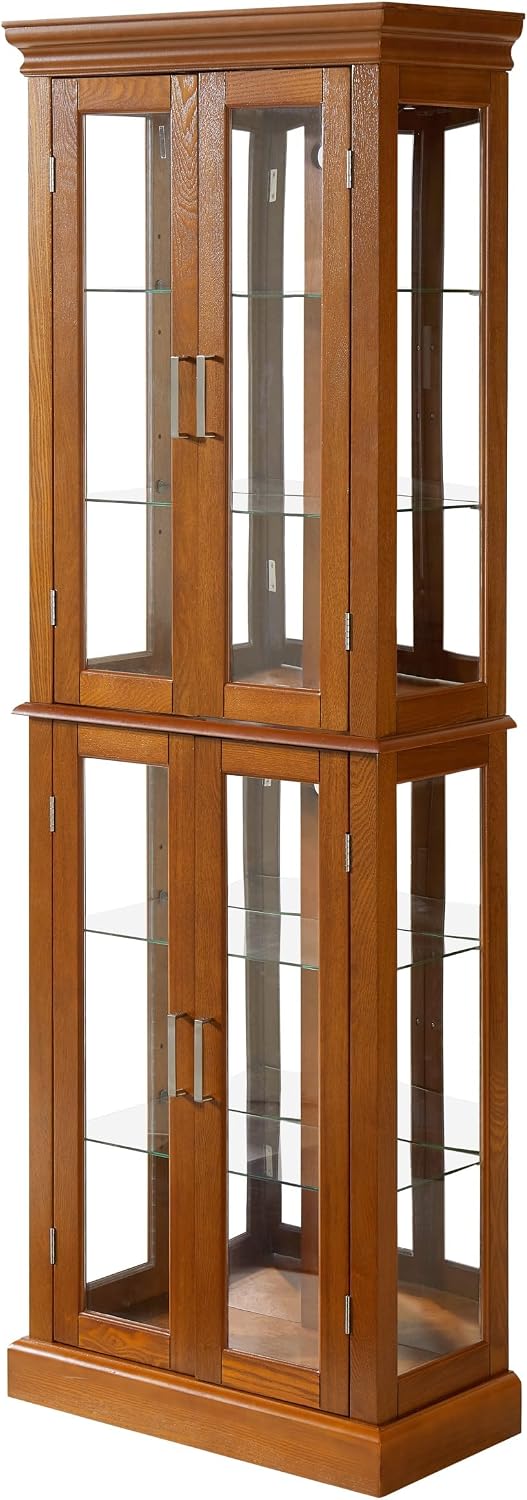 Lighted Curio Cabinet 70' Glass Display Case with Adjustable Shelves Vintage, Wooden Wine Bar Cabinet with 6 Shelves for Living Room Liquor Storage (E26 Light Bulb not Included) (Oak)