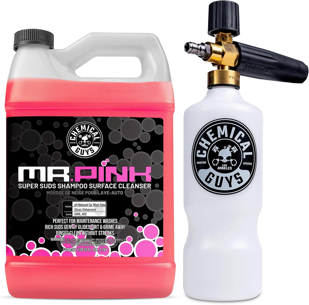 Chemical Guys CWS_402 Mr. Pink Super Suds Shampoo & Superior Surface Cleaning Soap, 128 fl oz (1 Gallon) + HOL144 TORQ Foam Cannon Snow Foamer , Works With Pressure Washer (2 Items)