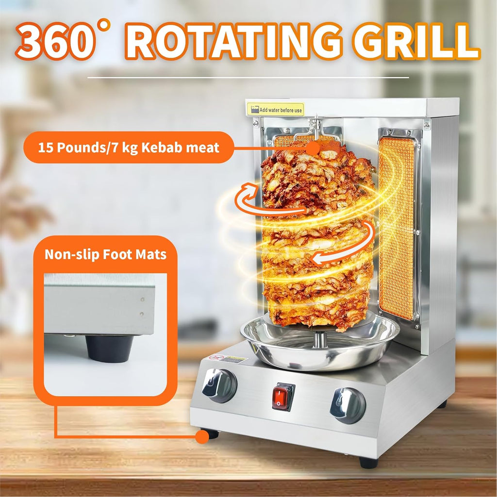 Shawarma Grill Machine - 15 lbs Capacity, Gas Vertical Rotisserie with 2 Burner, Stainless Steel Rotating Doner Kebab Gyro Meat Machine for Home, Kitchen