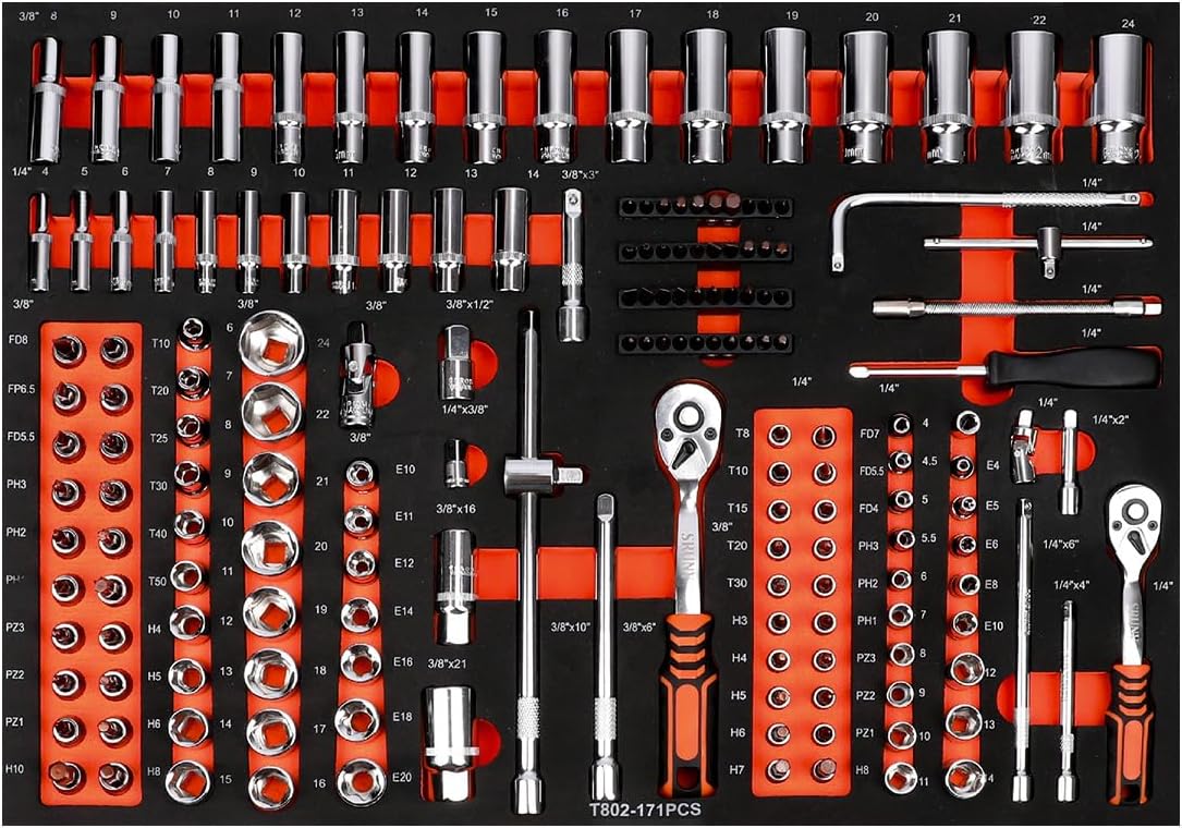 JZD Tool Set in Foam Storage Tray, 171 Pieces 3/8' Socket Mechanic, for Home Garage Auto Repair Shop Factory
