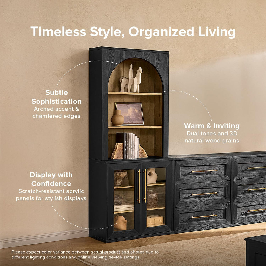 mopio Blake Tall Display Cabinet, Kitchen Buffet Pantry Cupboard, Trophy Display Case, Storage Cabinet Scratch Resistant Acrylic, Modern Farmhouse Curio Organizer (Black Oak Acrylic Hutch, Single)