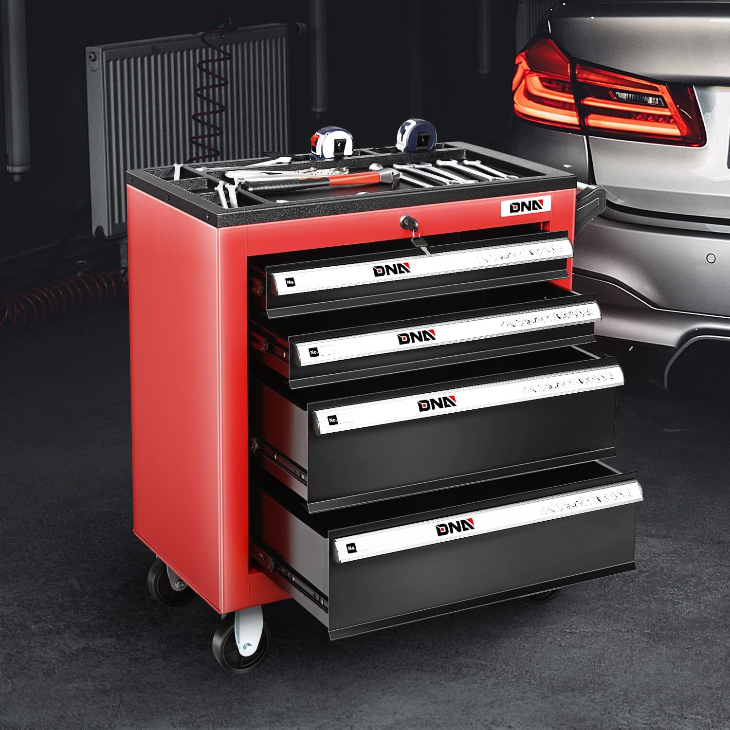 DNA Motoring 4-Drawer Rolling Tools Chest, Rolling Tool Storage Cabinet, Heavy Duty Mechanic Tool Cart, Trolley Organizer for Garage, Warehouse, Workshop, Red, TOOLS-00401