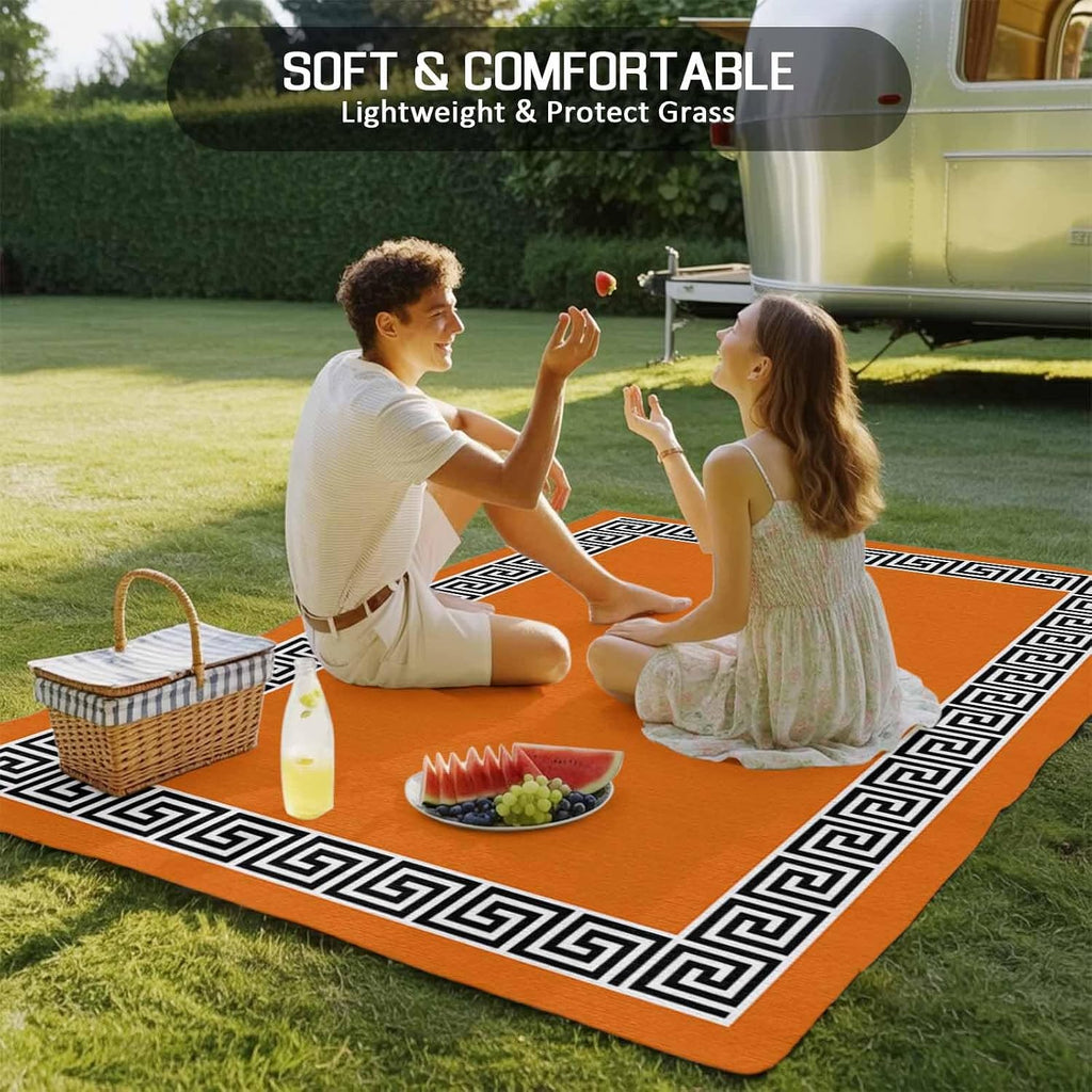 Outdoor Rug 4x6ft Black Simple Geometric Lines Border Patio Area Rugs Waterproof Easy Cleaning Non Shedding Thick Mats Orange Carpet for Indoor Outdoor Porch Deck Backyard Balcony