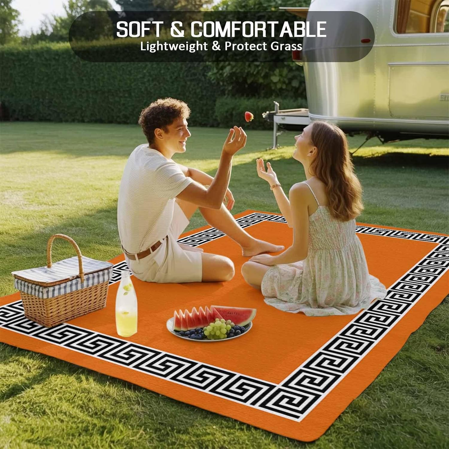 Outdoor Rug 4x6ft Black Simple Geometric Lines Border Patio Area Rugs Waterproof Easy Cleaning Non Shedding Thick Mats Orange Carpet for Indoor Outdoor Porch Deck Backyard Balcony