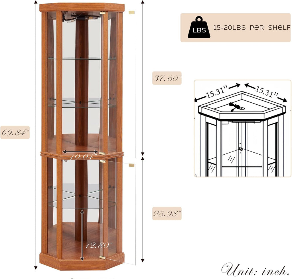 Corner Curio Cabinet, 70' H Lighted Glass Display Cage with Tempered Glass Doors and 5 Adjustable Shelves, Light Bulb Inclued, Wine Bar China Cabinet for Living Room (Dark Oak)