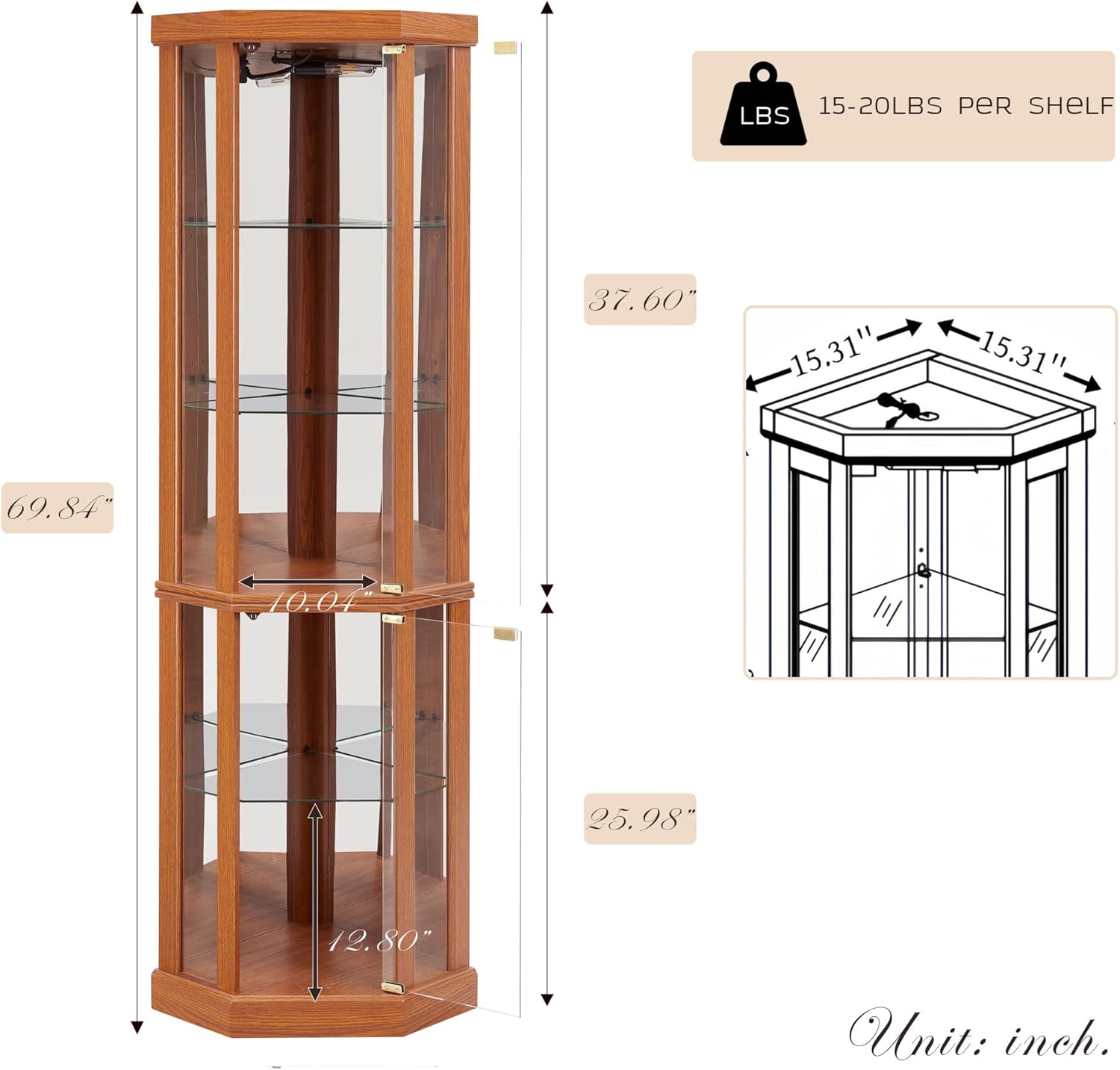 Corner Curio Cabinet, 70' H Lighted Glass Display Cage with Tempered Glass Doors and 5 Adjustable Shelves, Light Bulb Inclued, Wine Bar China Cabinet for Living Room (Dark Oak)