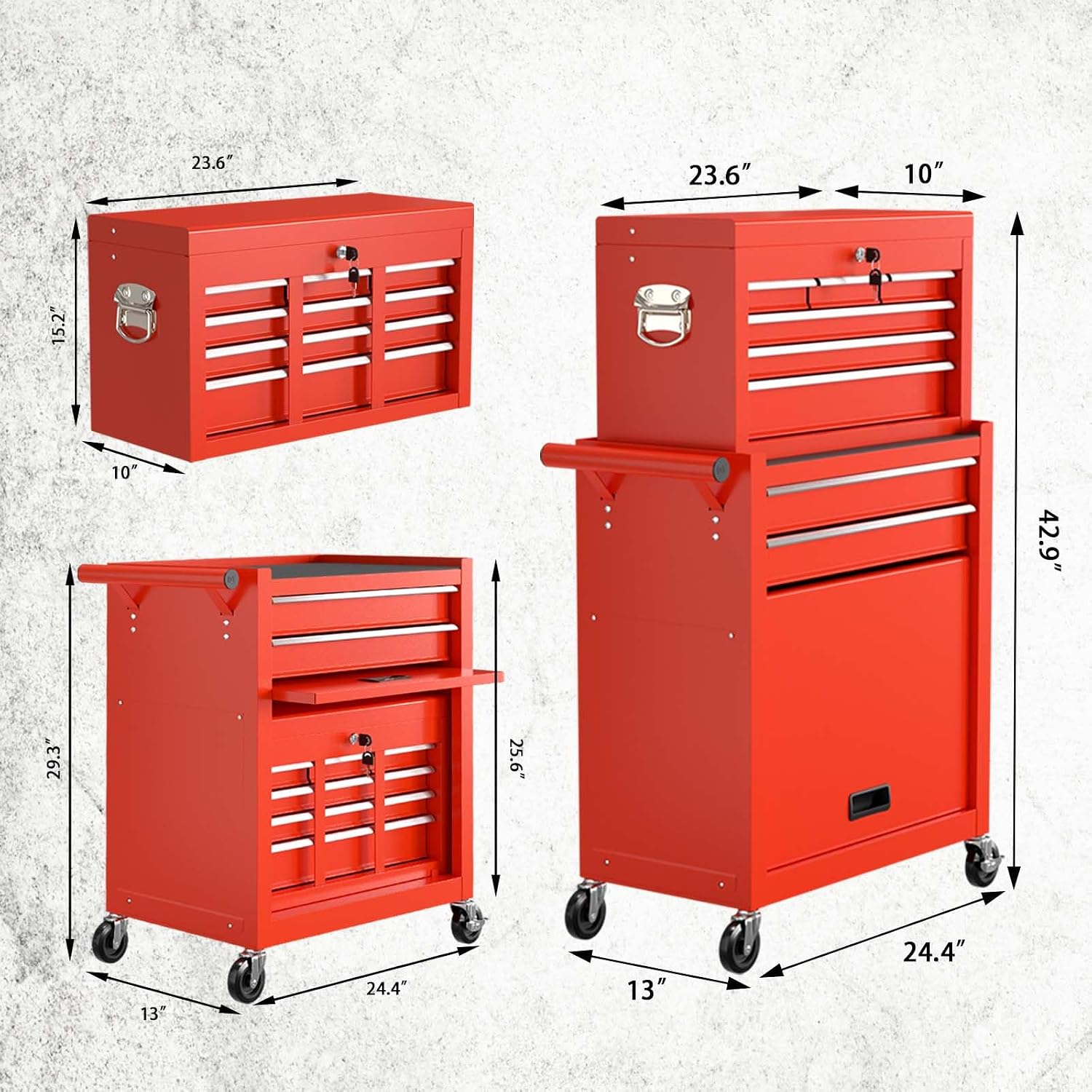 8-Drawer Tool Chest with Wheels,High Capacity Rolling Tool Box with Wheels,Locking Mechanical Tool Chest,Metal Tool Box for Garage Workshop (Red)