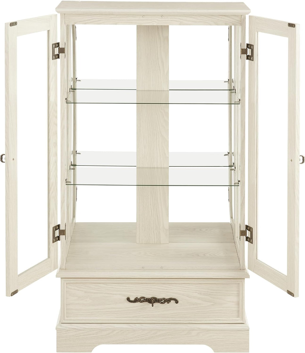 Curio Cabinet with Glass Doors Drawer, Lighted Display Cabinet with Adjustable Glass Shelves and Mirrored Back Panel, Retro Floor Standing Glass Storage Cabinet for Living Room, Antique White