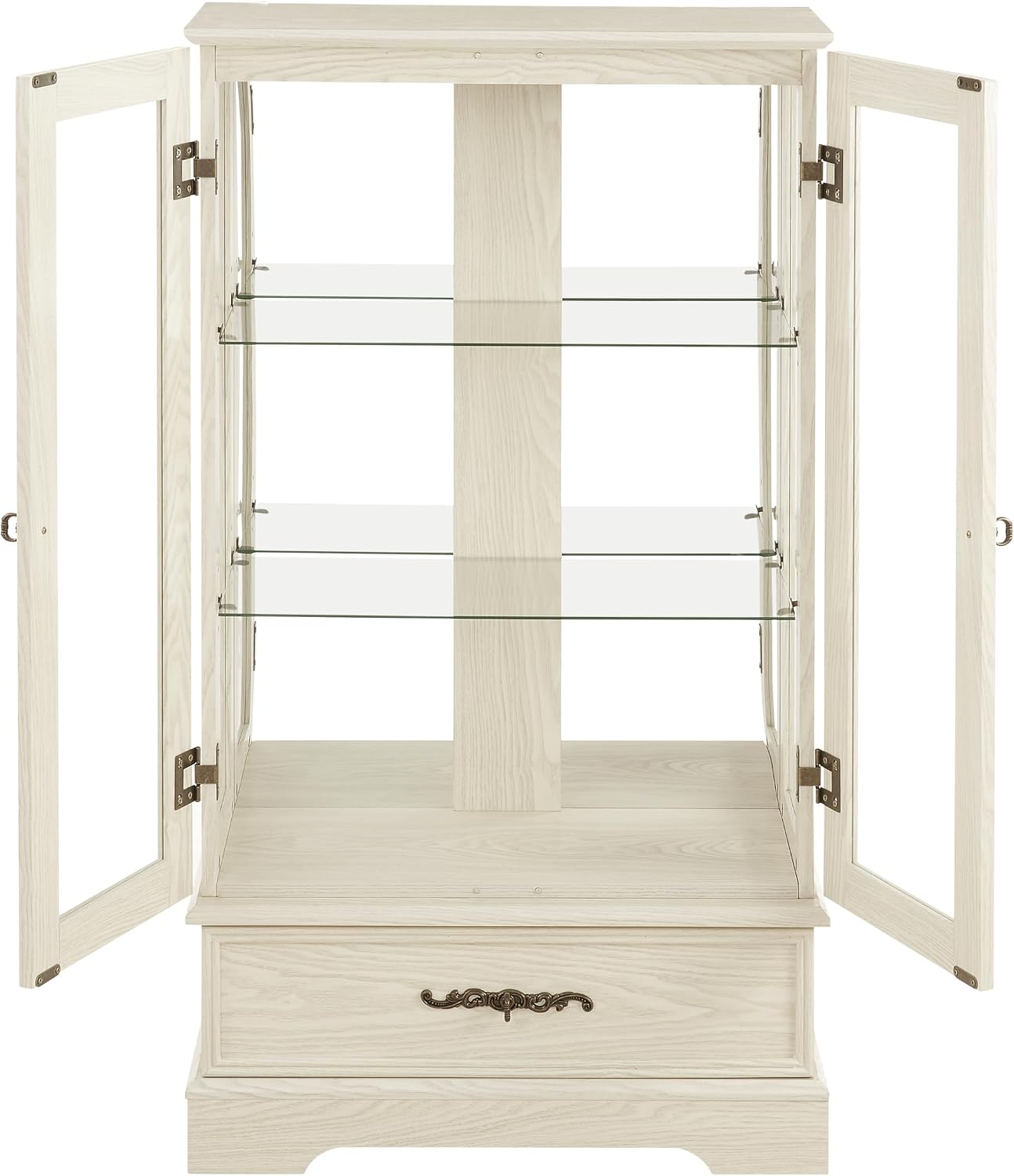 Curio Cabinet with Glass Doors Drawer, Lighted Display Cabinet with Adjustable Glass Shelves and Mirrored Back Panel, Retro Floor Standing Glass Storage Cabinet for Living Room, Antique White