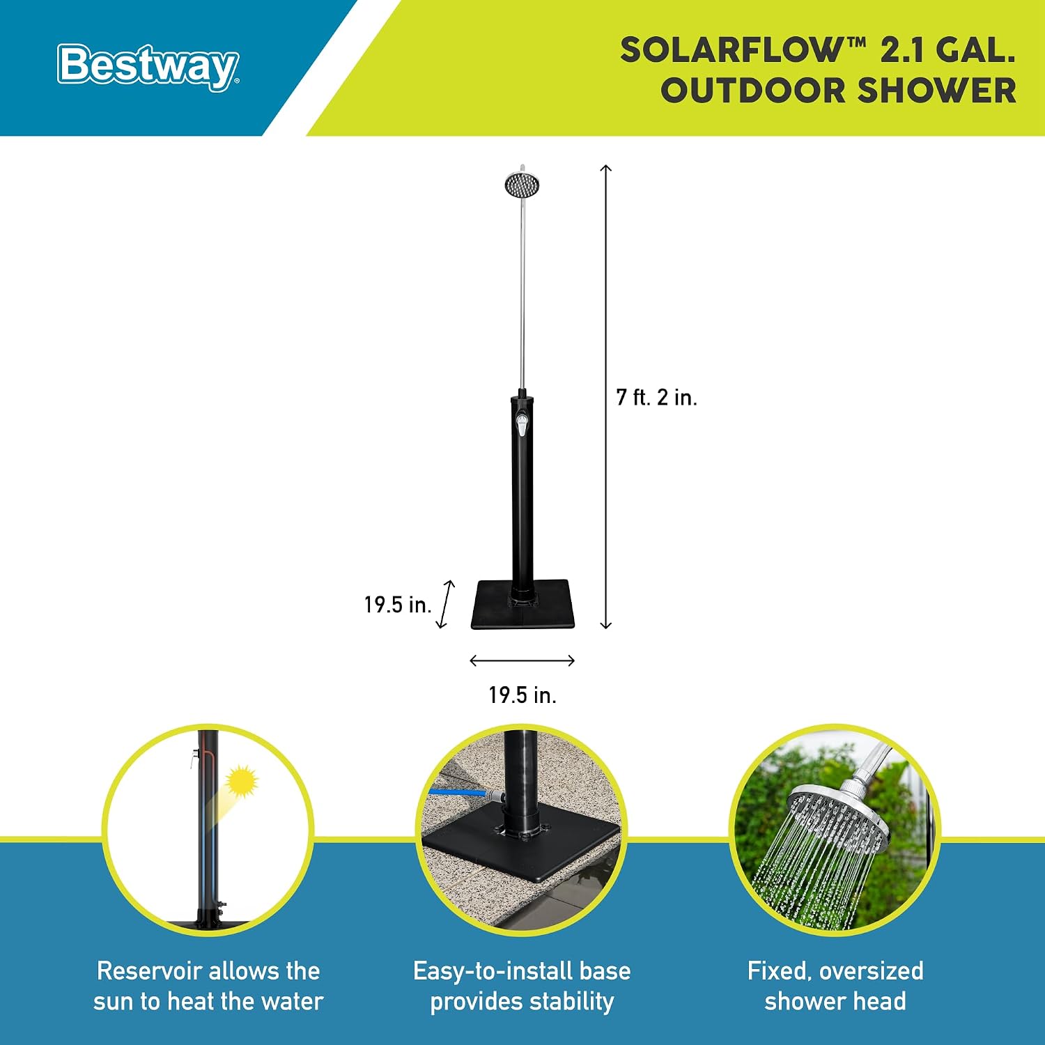 Bestway Flowclear SolarFlow 2 Gal Solar-Heated Outdoor Shower | Portable, Outside Shower Station Fixture | Great for Camping, Pool Area, Beach House