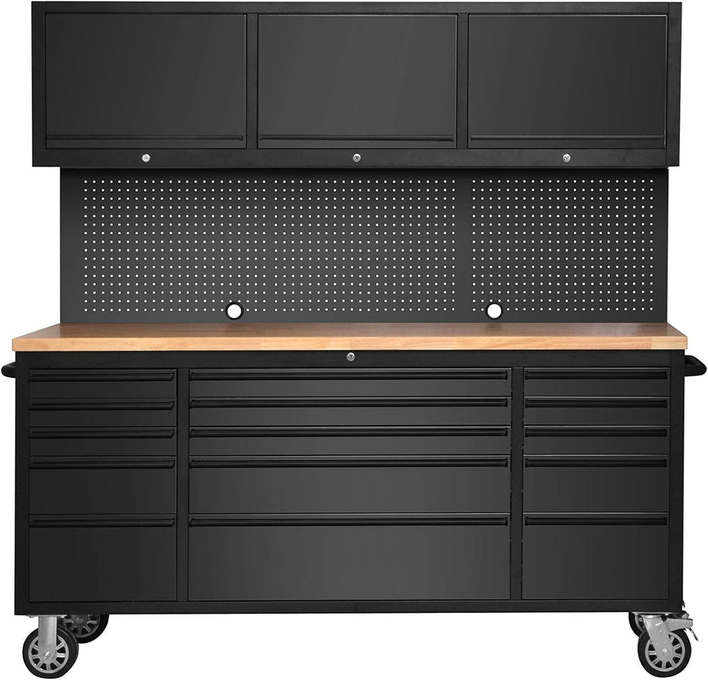 CHETTO C 72 Inch Tool Box Rolling Tool Chest 3 Upper Cabinets with 15 Storage Drawers Pegboard Large Toolbox with Wheels for Garage Warehouse Basement Home Pantry (Black)