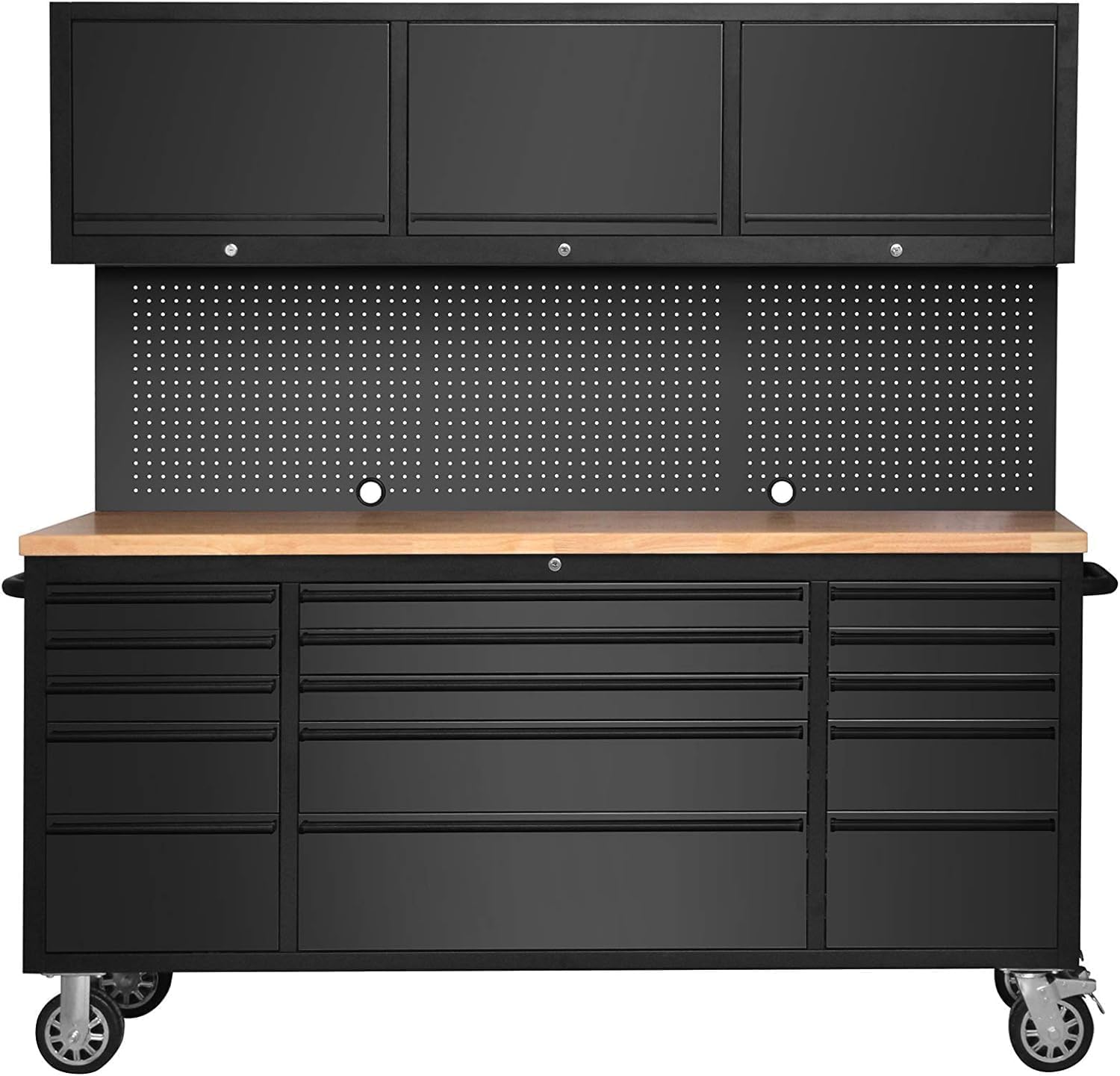 CHETTO C 72 Inch Tool Box Rolling Tool Chest 3 Upper Cabinets with 15 Storage Drawers Pegboard Large Toolbox with Wheels for Garage Warehouse Basement Home Pantry (Black)