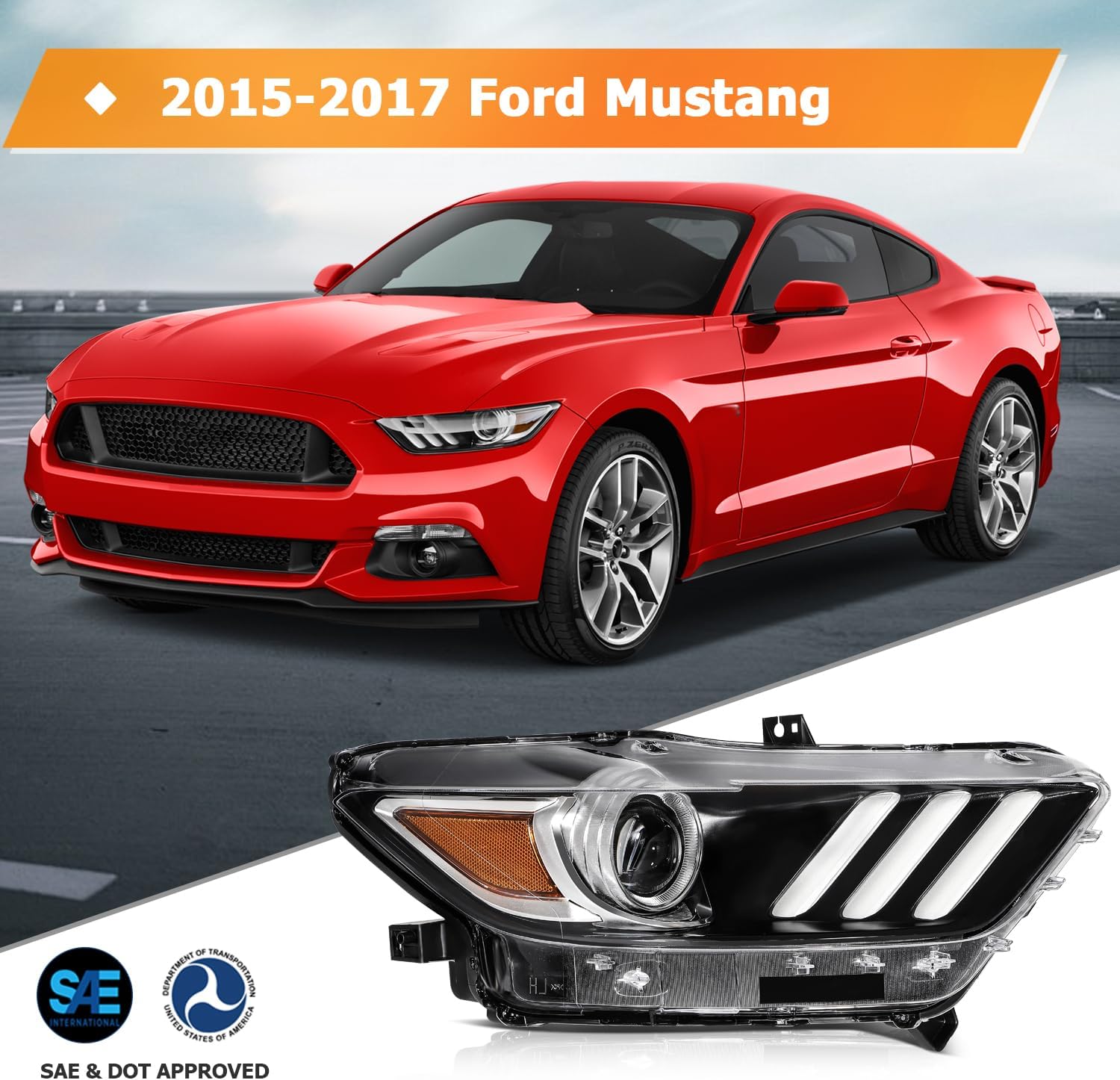 Headlight Fit 2015-2020 for Mustang Black Housing Amber Reflector Right Headlight Assembly FR3Z13008K