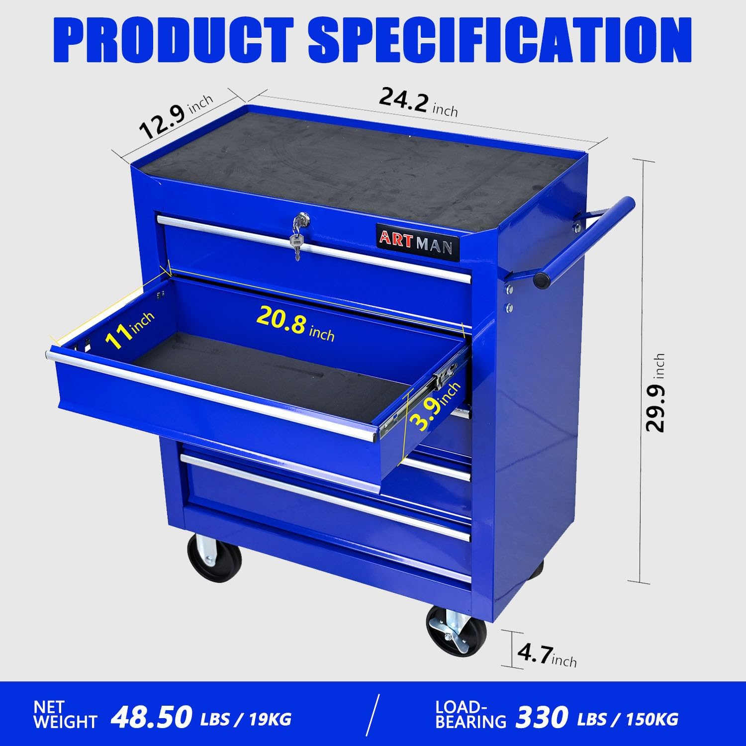 5-Drawer Tool Cart on Wheels, Drawers Rolling Tool Chest with Key Lock, Mobile Trolley Organizer Tools Box with Locking Wheels & Ball Bearing Drawers for Garage,Warehouse,Repair Shop (Blue)
