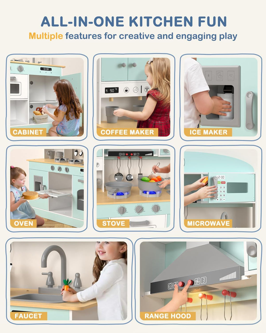 Babytronic Wooden Play Kitchen Set, Pretend Play Kitchen with Lights and Sounds for Kids Ages 3+, Includes Stove, Oven, Microwave, Coffee Maker, and Accessories, Toy Kitchen Set for Toddlers (Blue)