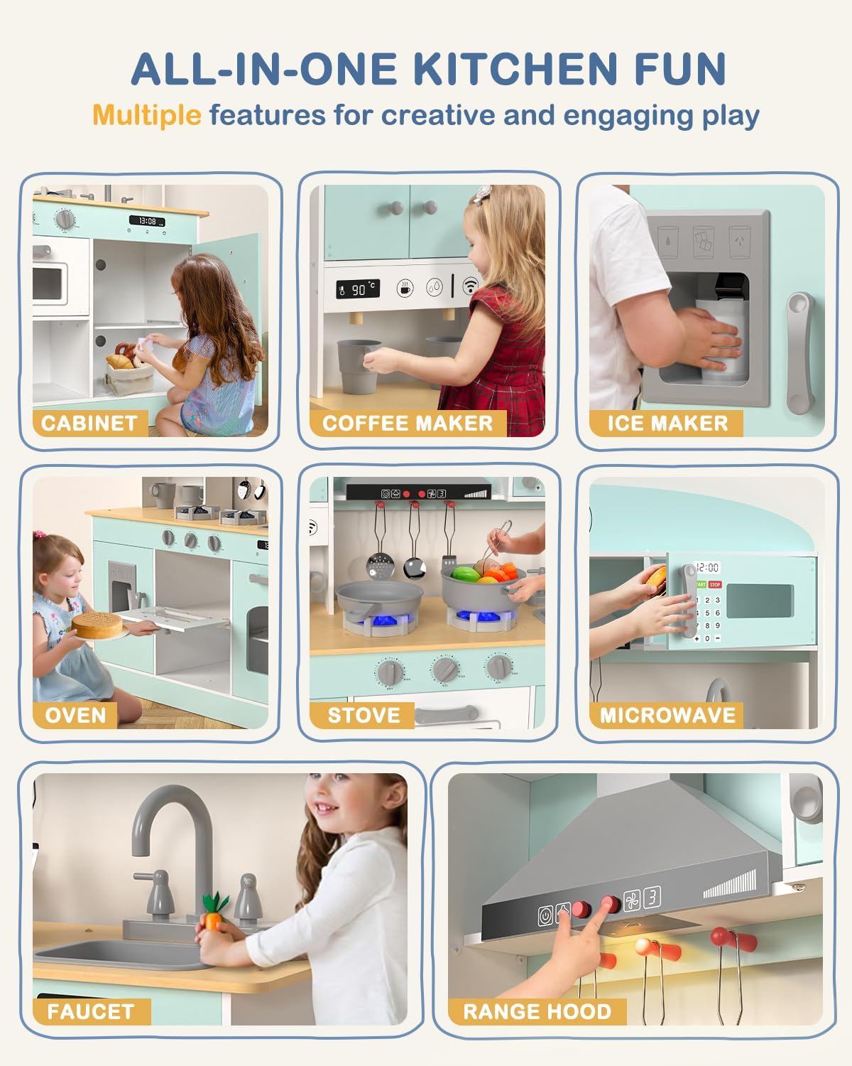 Babytronic Wooden Play Kitchen Set, Pretend Play Kitchen with Lights and Sounds for Kids Ages 3+, Includes Stove, Oven, Microwave, Coffee Maker, and Accessories, Toy Kitchen Set for Toddlers (Blue)